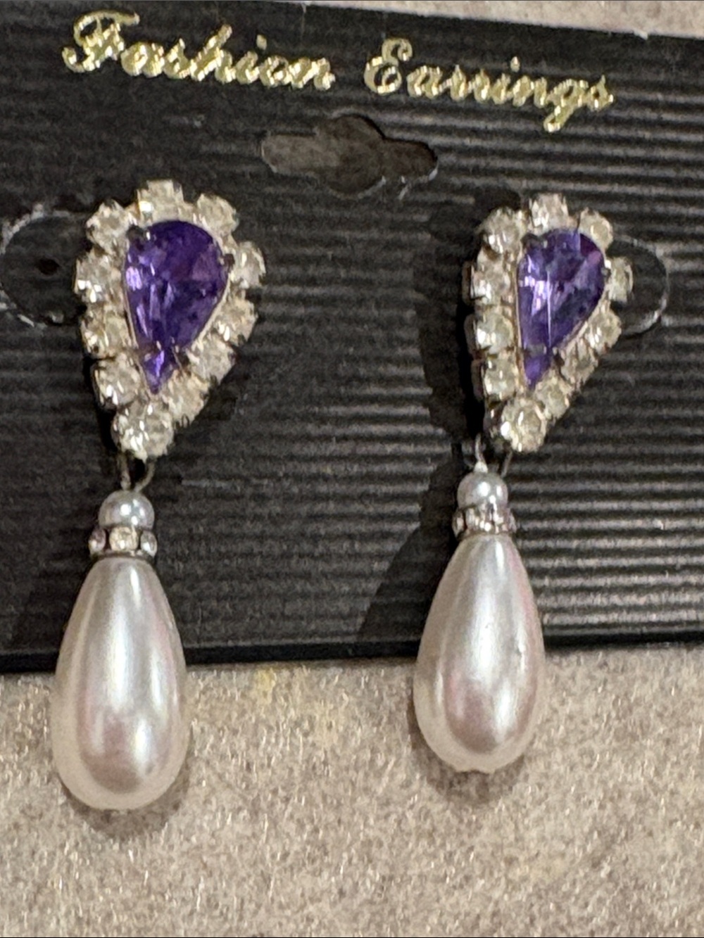 Purple Teardrop Crystal & Pearl Drop Earrings